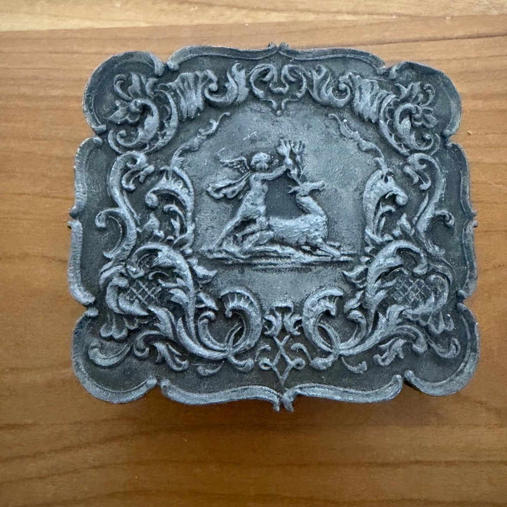 Vintage 1974 Lewis Buckles Original Design Cherub Stag Pewter Tone Belt Buckle
